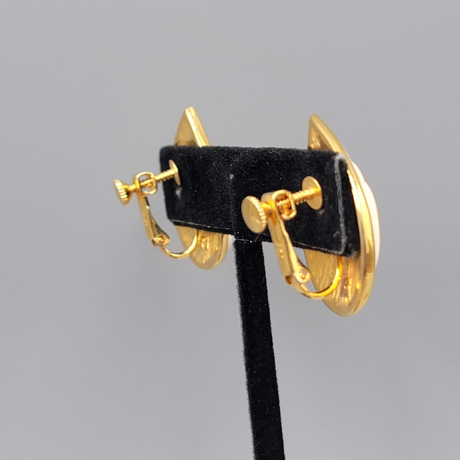 Vintage White Enamel Clip on Earrings Gold Plated Drop Signed JS 1 1/8"