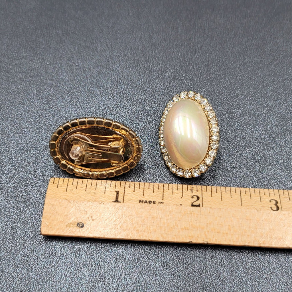 Vintage Clip on Earrings Statement AB Rhinestones Pearl White Cabochon 1 1/8"
