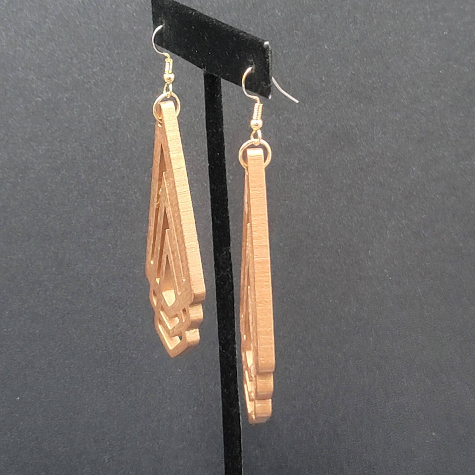 New Boho Pierced Earrings Metallic Gold Wood Cut Geometric Dangle 3"