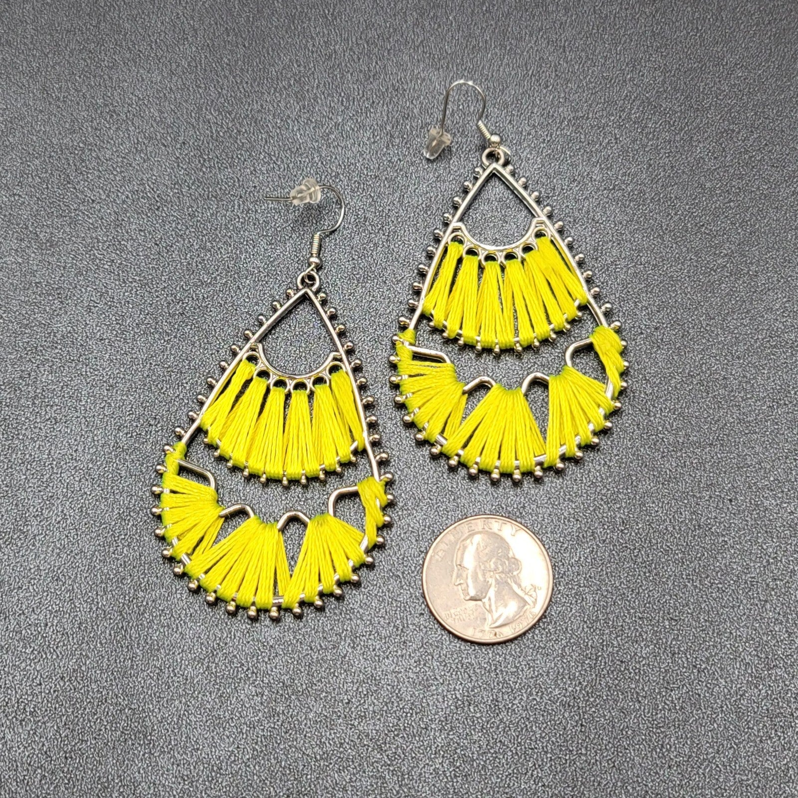 Pierced Earrings Silver tone Teardrop Yellow String Art Dangle 2.5"