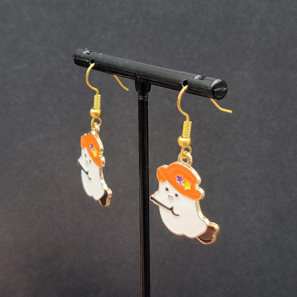 Halloween Witch Ghost Pierced Earrings Gold tone Enamel Dangle New 7/8"