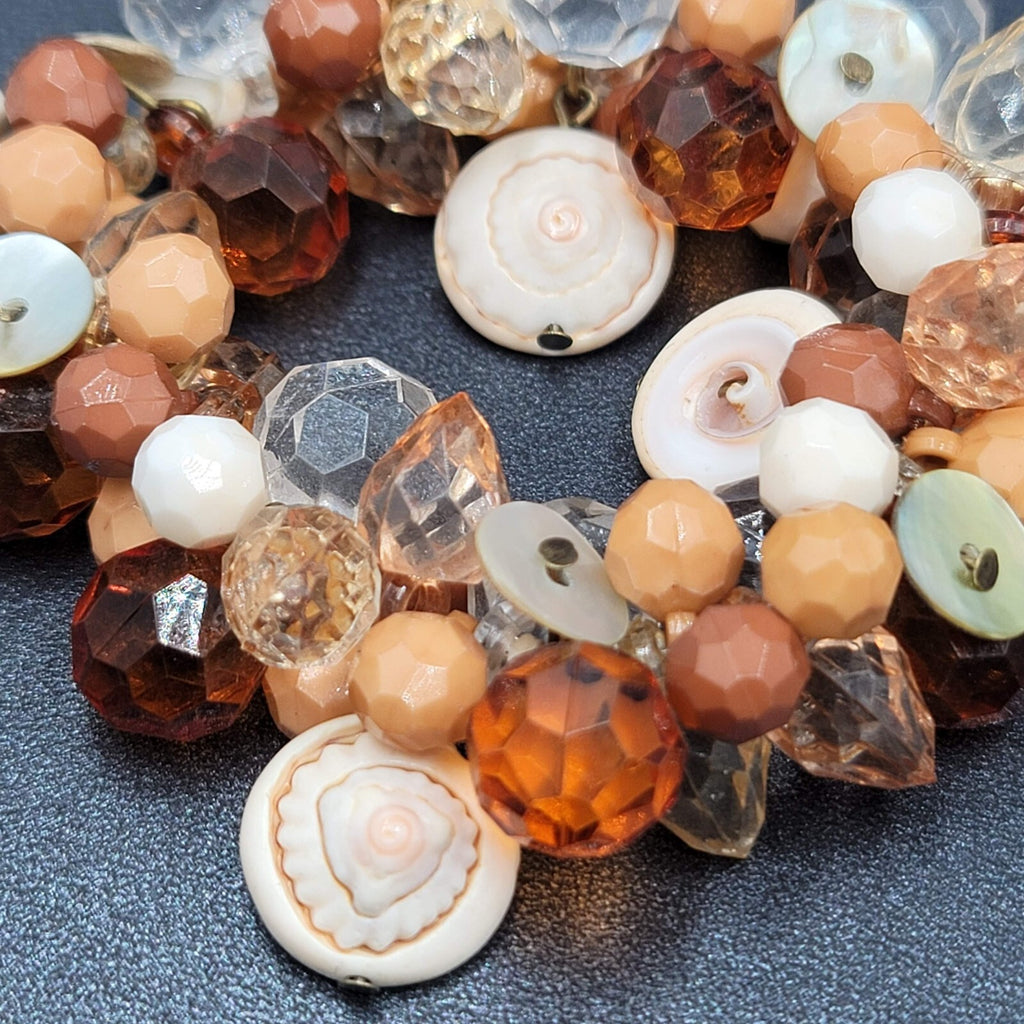 Cluster Bead Bracelet Faceted Acrylic and Shell Browns Creams Stretch Elastic