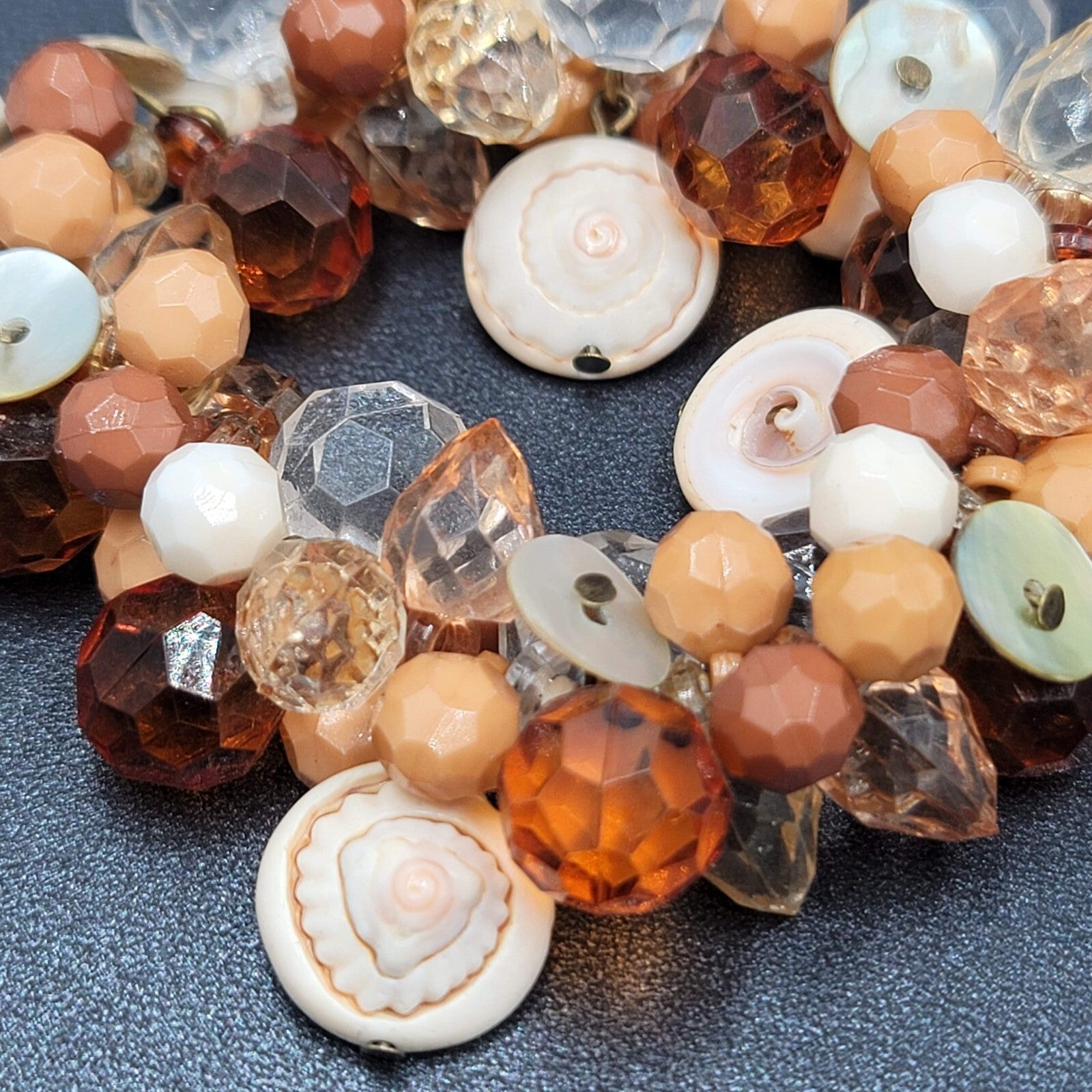 Cluster Bead Bracelet Faceted Acrylic and Shell Browns Creams Stretch Elastic