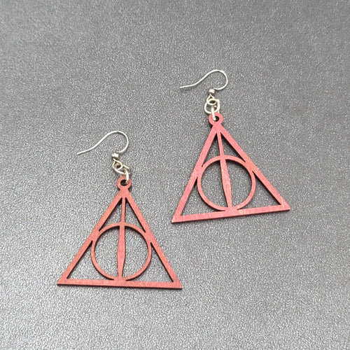 Deathly Hallows Pierced Earrings Harry Potter Wood Laser Cut Burgundy Red 1.25"