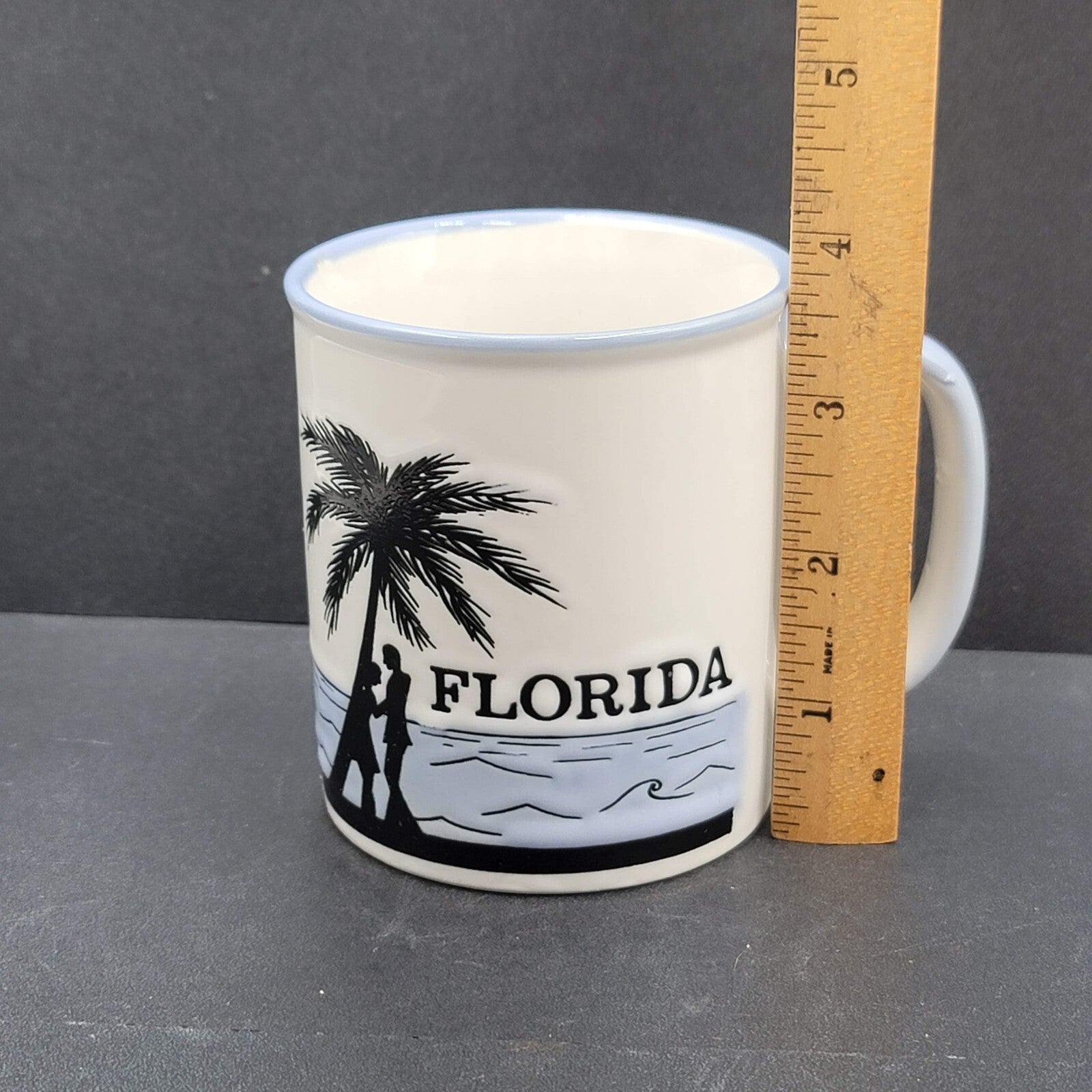 Vintage Florida Beach Coffee Cup Embossed Stoneware Blue White