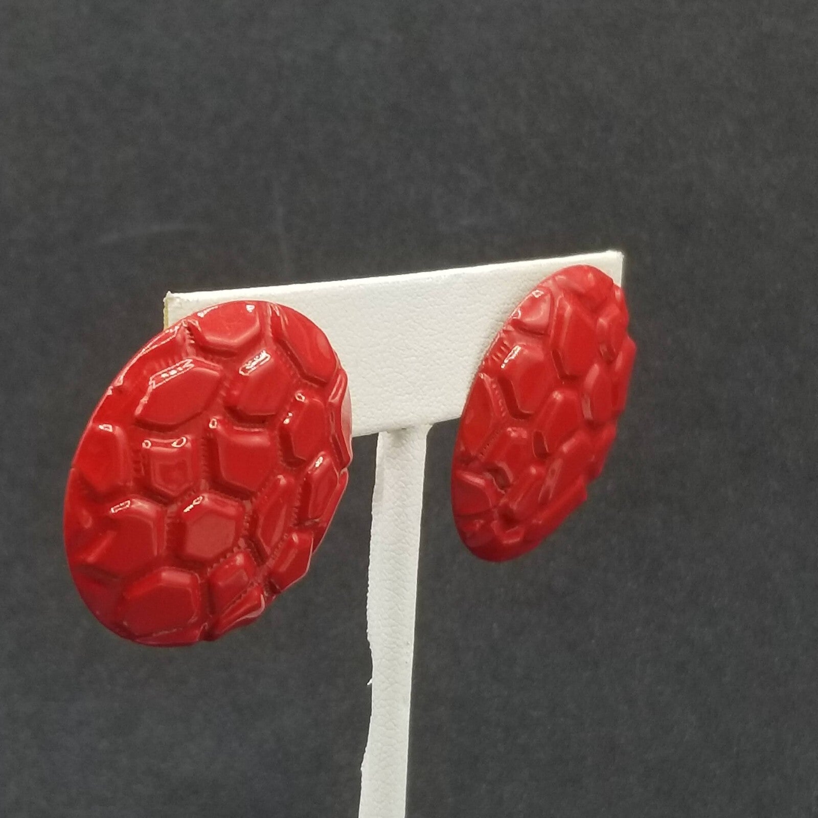 Vintage 1980's Pierced Earrings Red Enamel Textured Dome Drop 1 1/4"