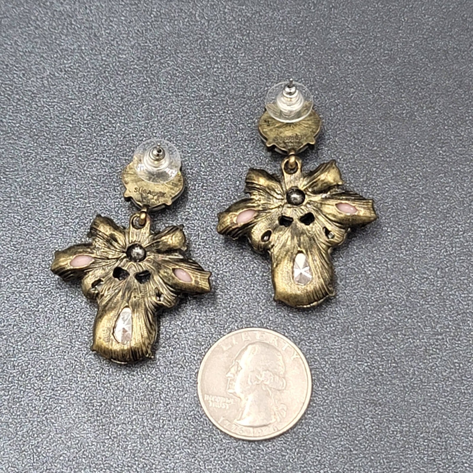 Pierced Earrings Antiqued Gold tone Multicolor Faceted Accent Acrylic 1 7/8"