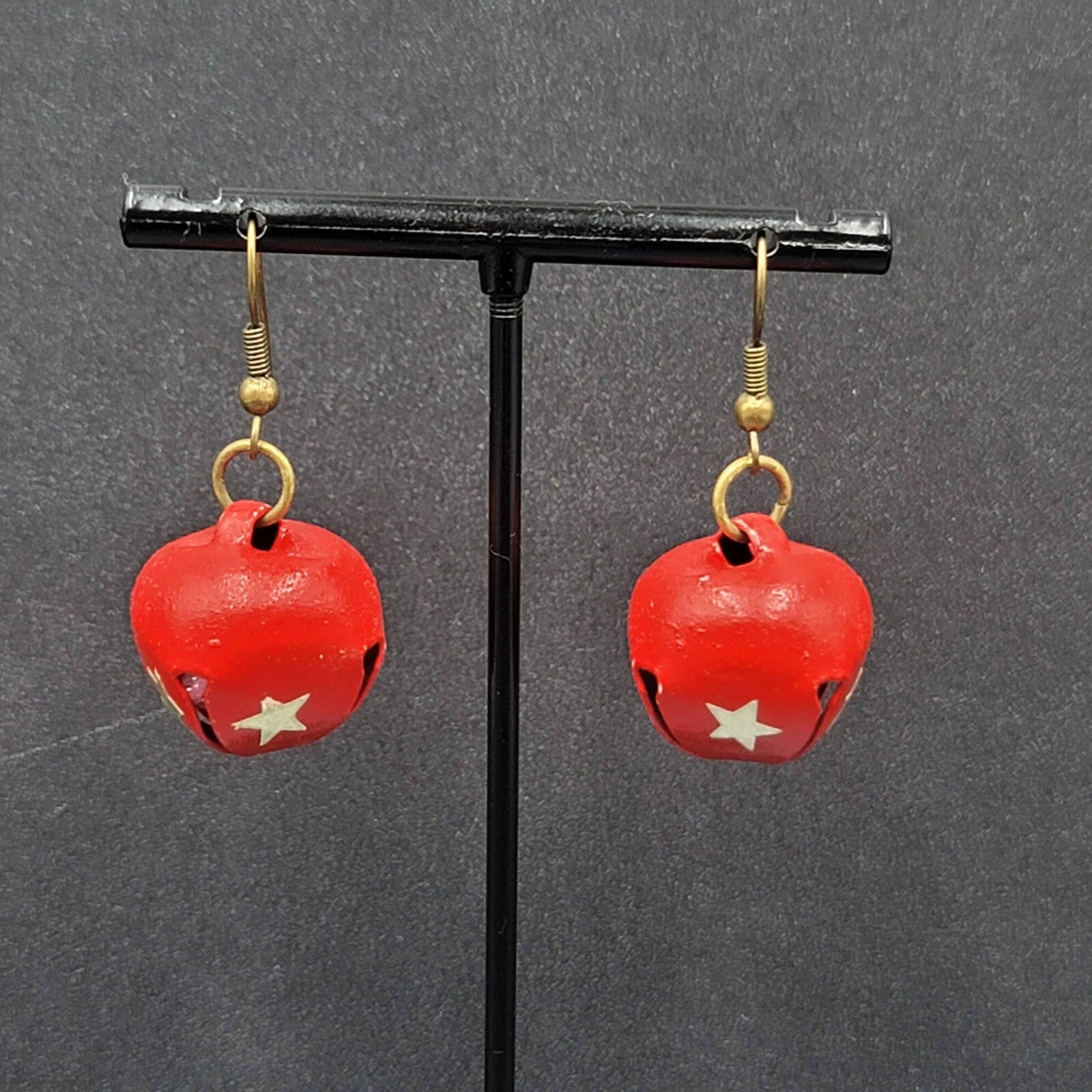 Christmas Pierced Earrings Gold Star Red Painted Jingle Bells 3/4"