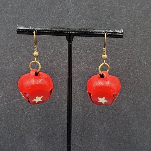 Christmas Pierced Earrings Gold Star Red Painted Jingle Bells 3/4"