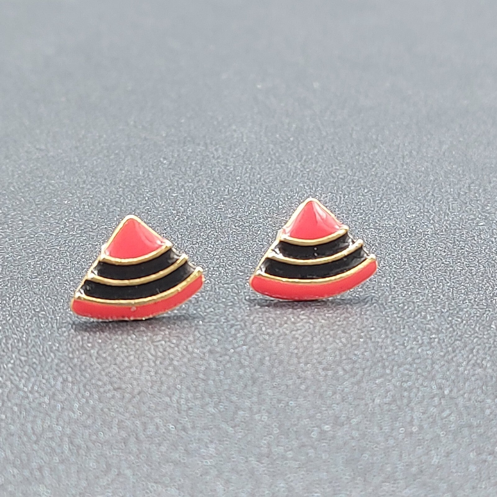 Pierced Earrings Gold tone Black Red Enamel Triangle 3/8"