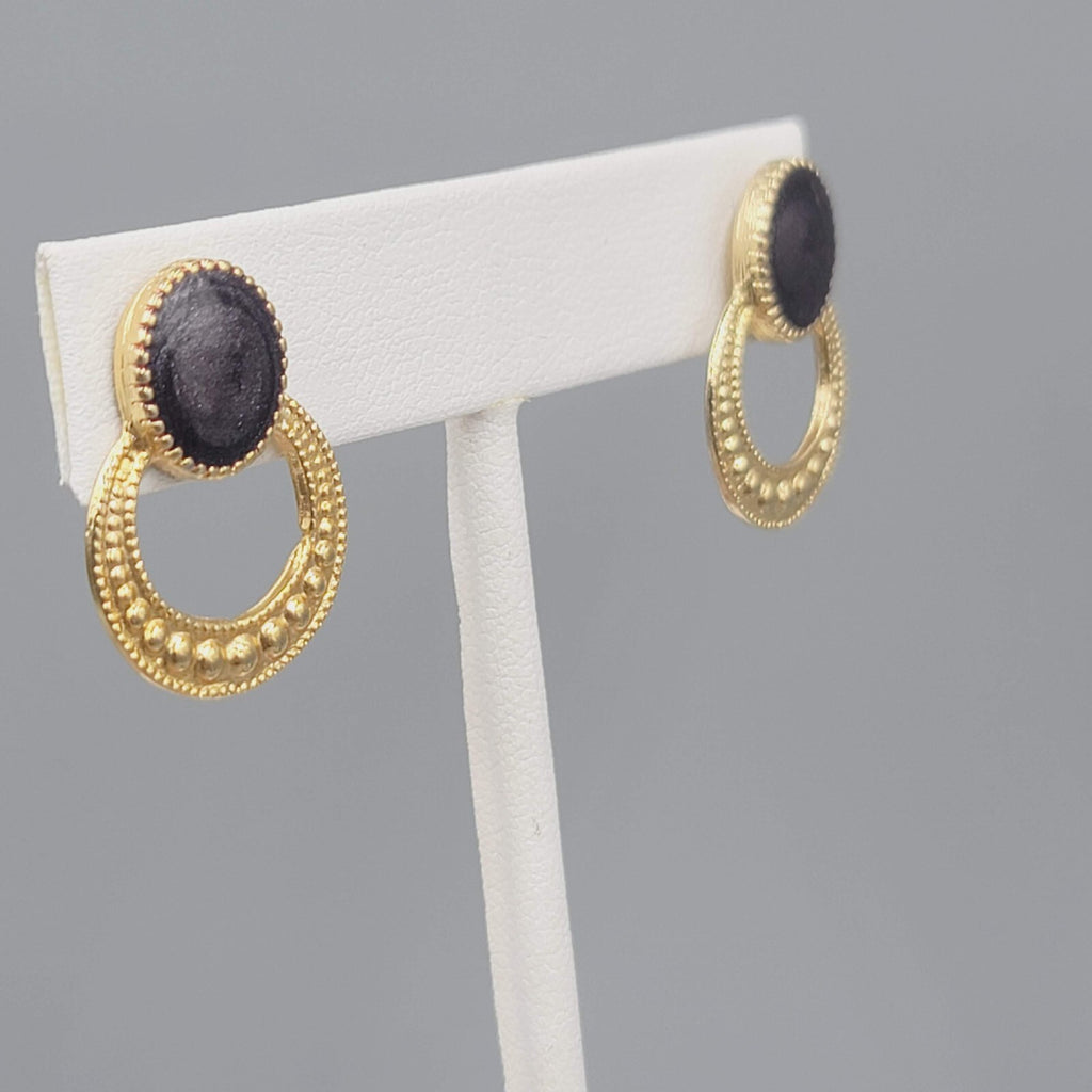Gold tone Dark Gray Enamel Pierced Earrings Drop 1"