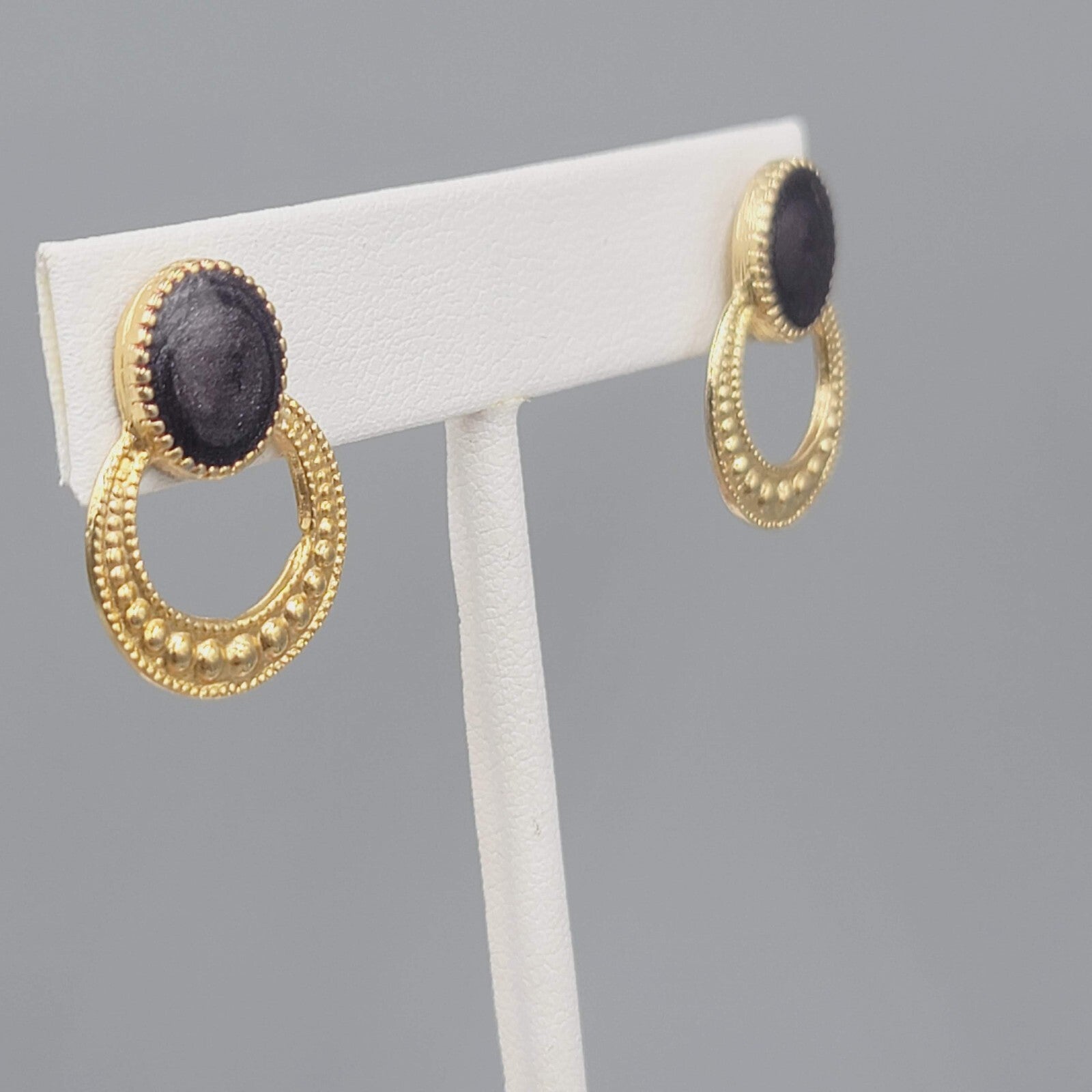 Gold tone Dark Gray Enamel Pierced Earrings Drop 1"