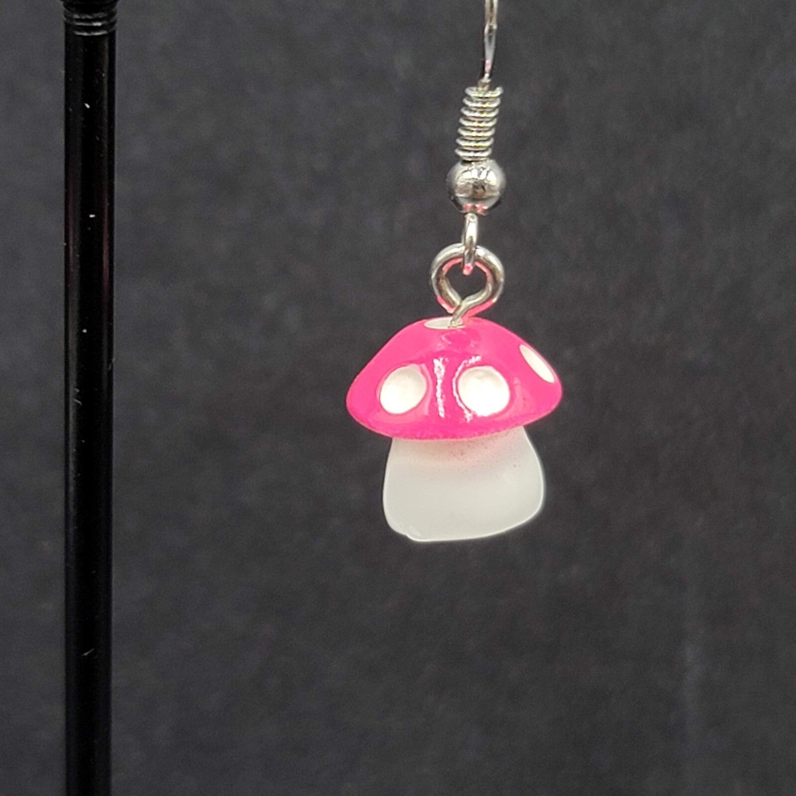 Pink Mushroom Pierced Earrings White Polka Dots Dangle 5/8"