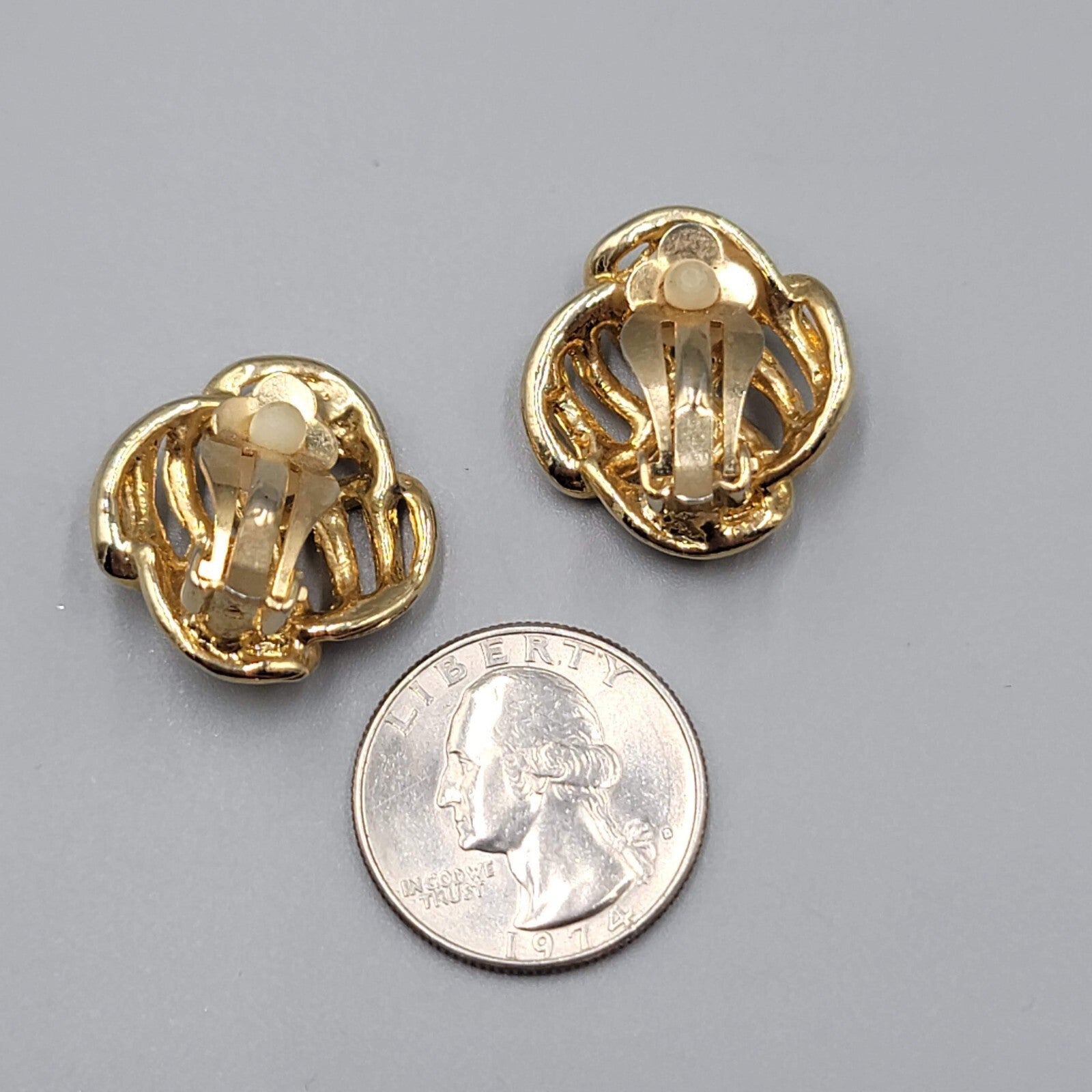 Vintage Open Work Clip on Earrings Gold tone Square 1"