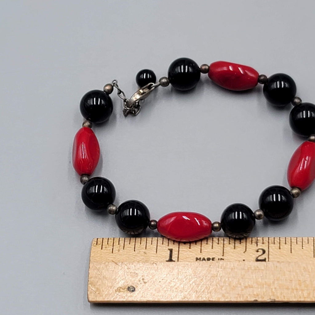 Black and Red Glass Bead Bracelet Sterling Silver 6.5" - 7.5"