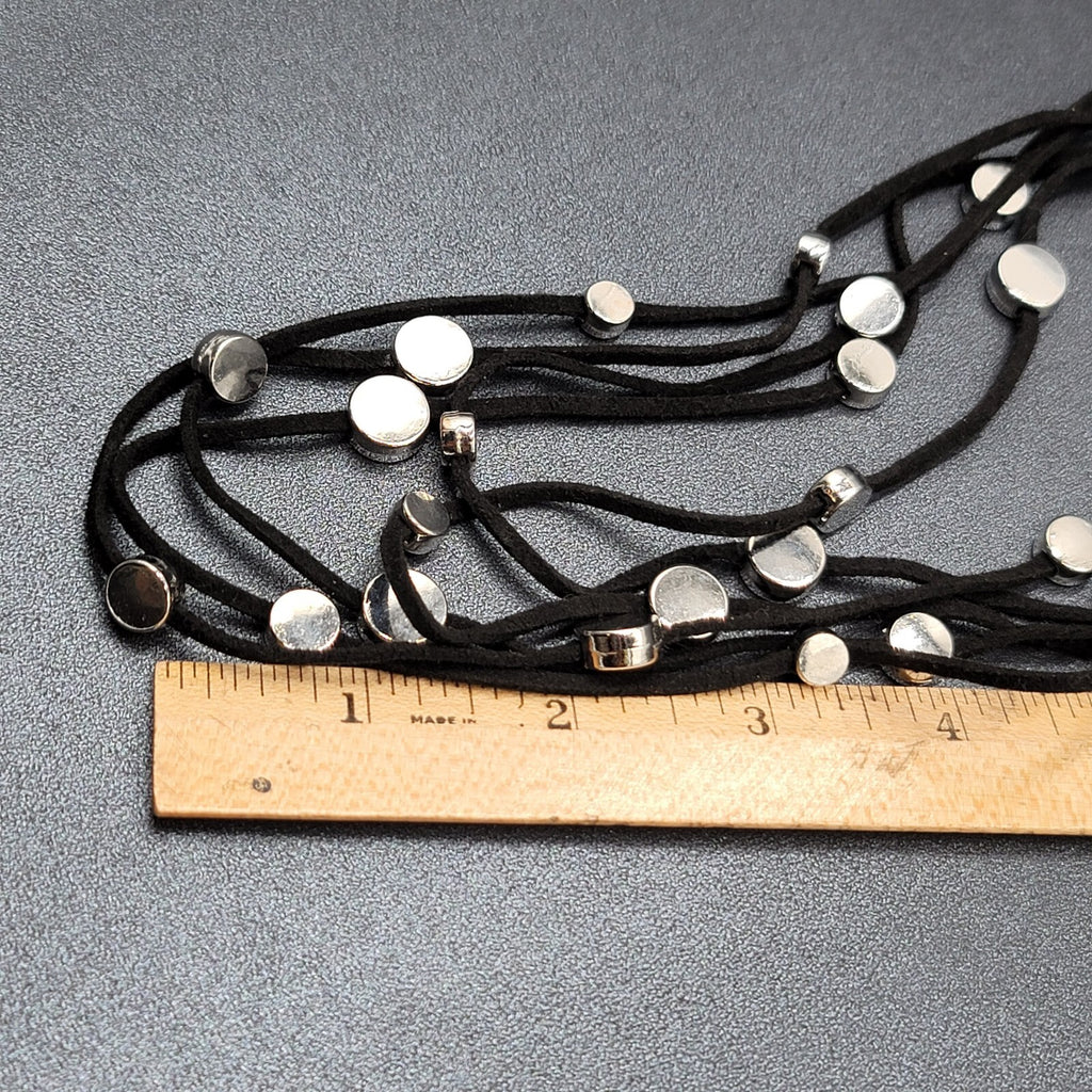 Black Cord Silver Disc Accents Necklace Layered 5 Multi Strand 18"-21"