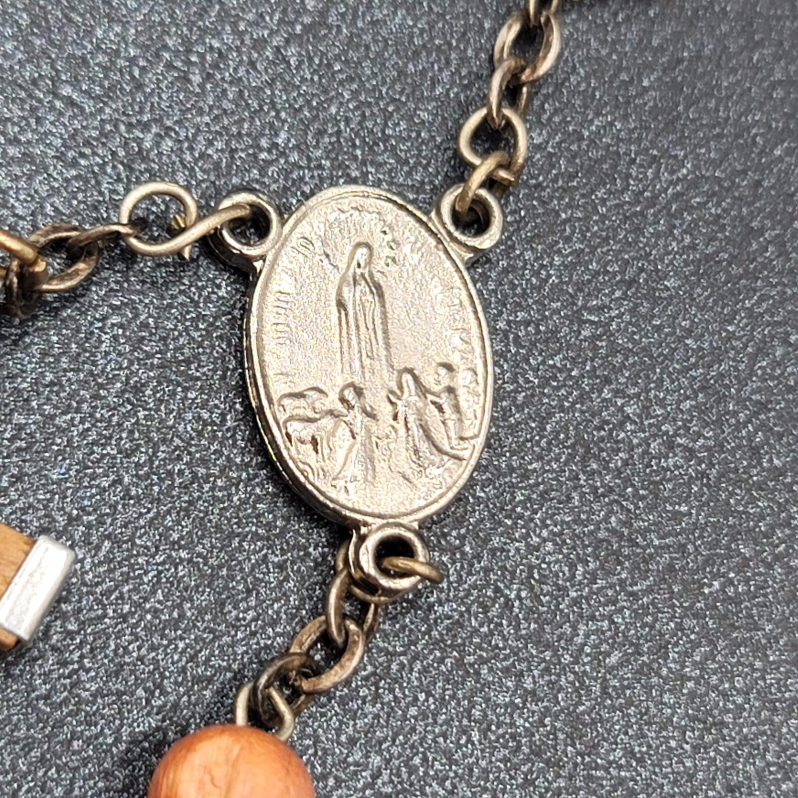 Rosary Bracelet Wood Beads Catholic Religious 8" Silver tone Metal