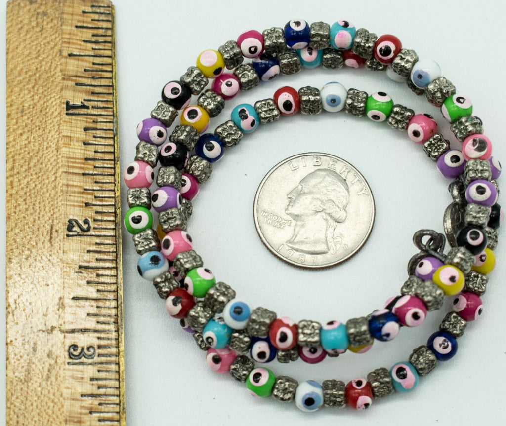 Evil Eye Bracelet Glass Bead Memory Wire Multi Color Silver tone