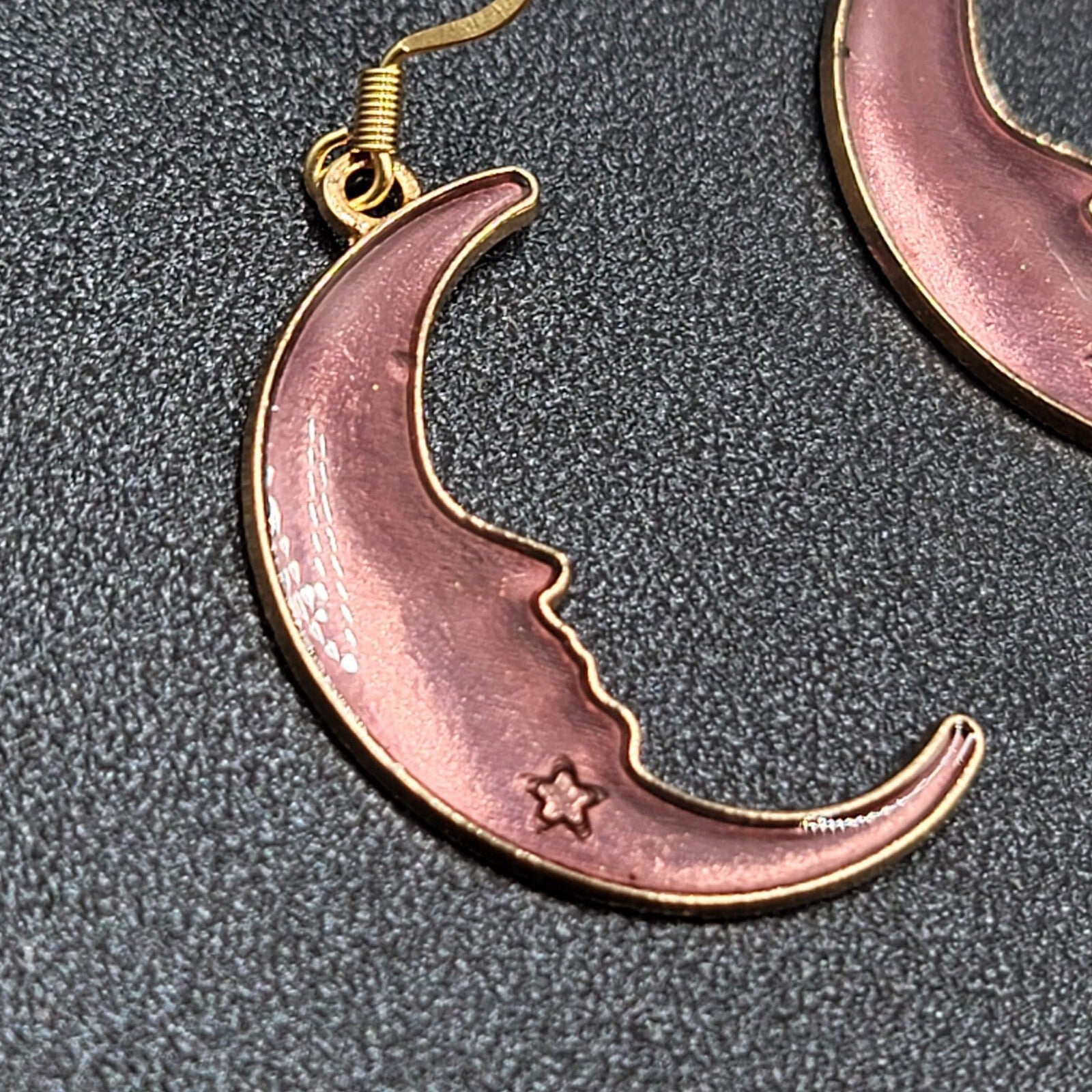 New Moon Pierced Earrings Gold tone Purple Enamel Dangle 1.25"