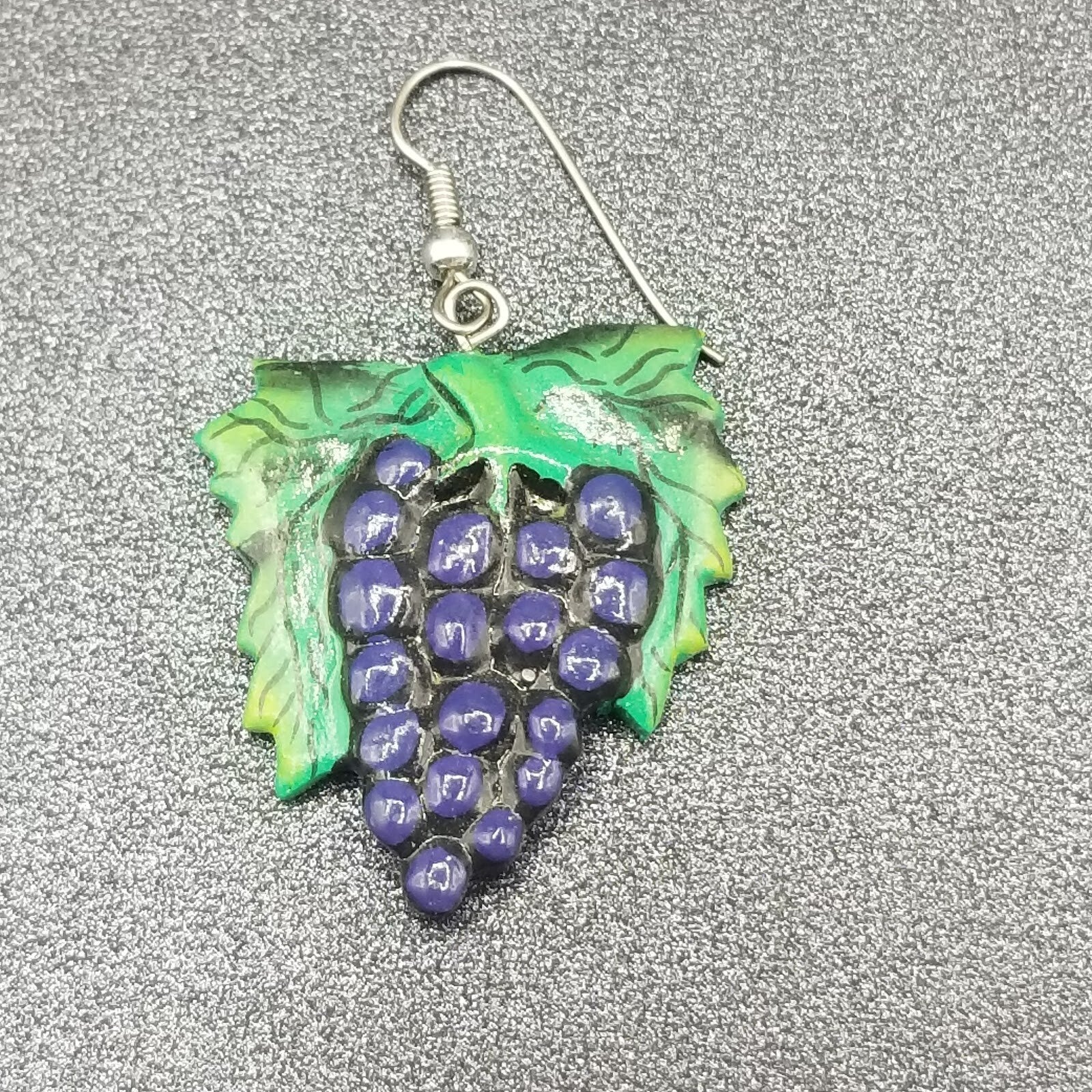 Vintage Pierced Earrings Green and Purple Hand painted Grape Dangle 1 3/8"