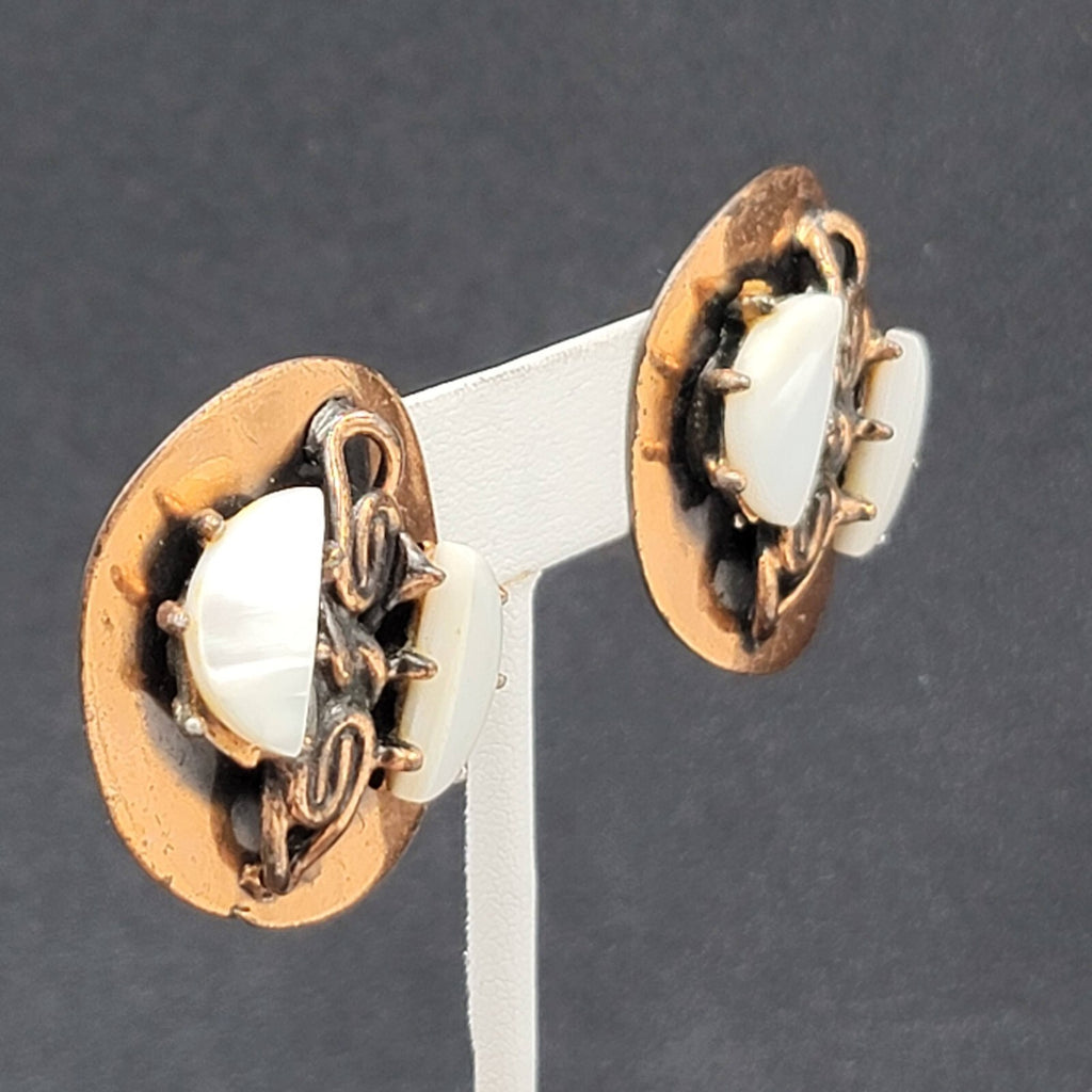 Vintage Clip on Earrings Copper Plated Mother of Pearl Accents Modernist 1.25"