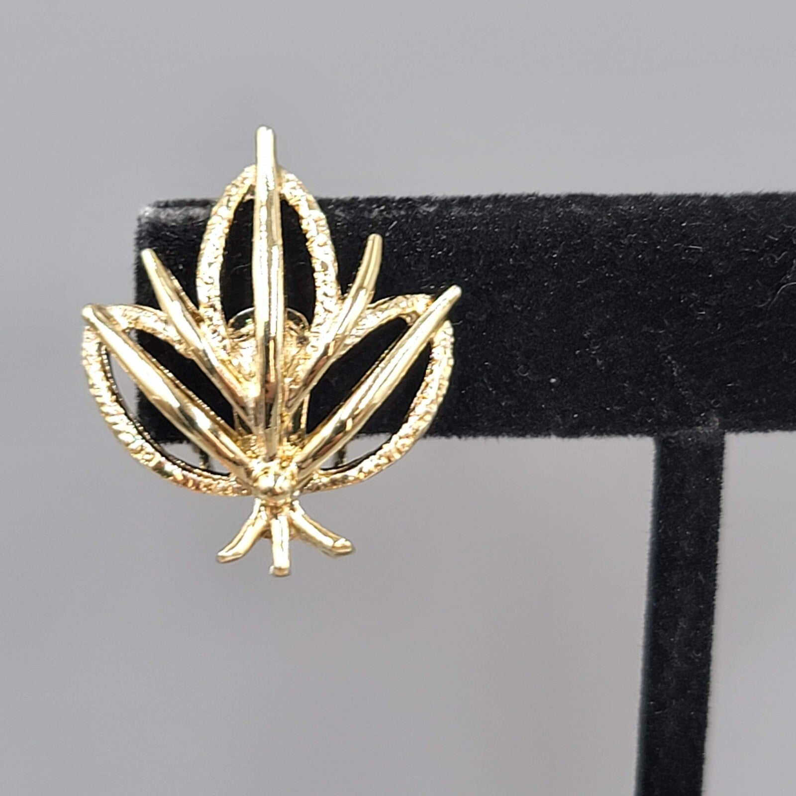 Vintage Open Work Leaf Clip on Earrings Gold tone Drop 1"