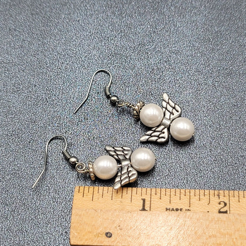 Angel Pierced Earrings Silver tone White Bead Dangle  1"