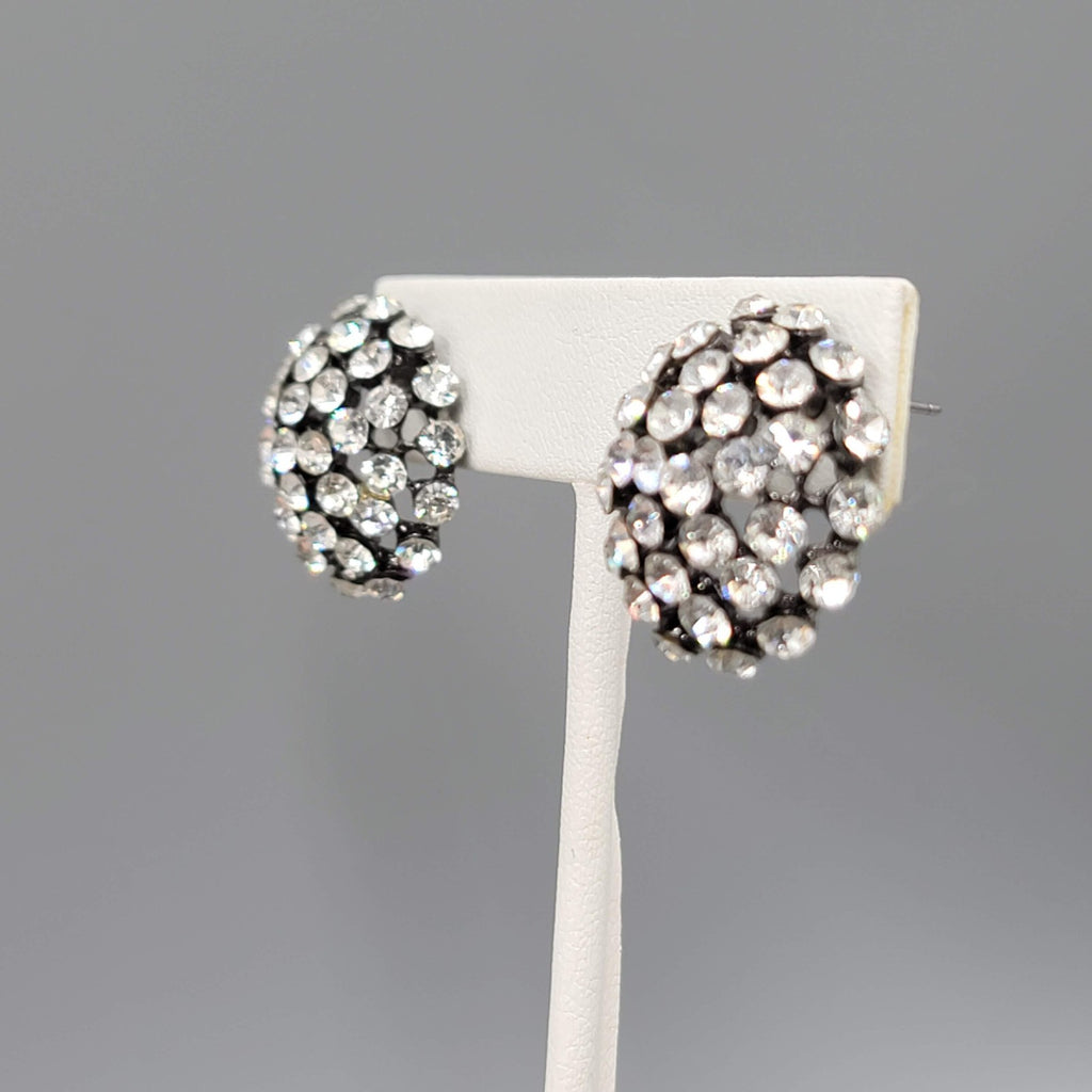 Crystal Dome Pierced Earrings Black Metal Drop 7/8 in