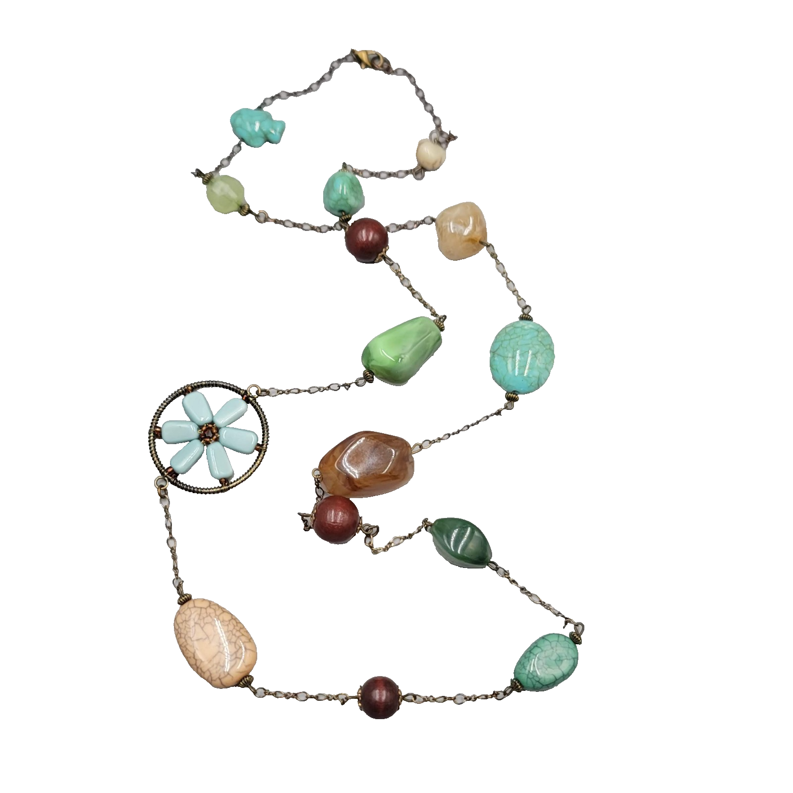 Multicolor Station Bead Necklace Green Brown Blue Flower 32"