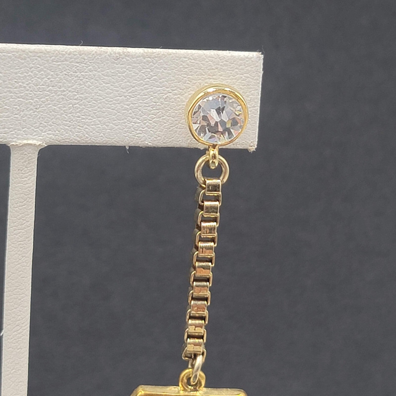 Pierced Earrings Gold Plated Rhinestone Studded Hexagon Dangle Chain Signed 