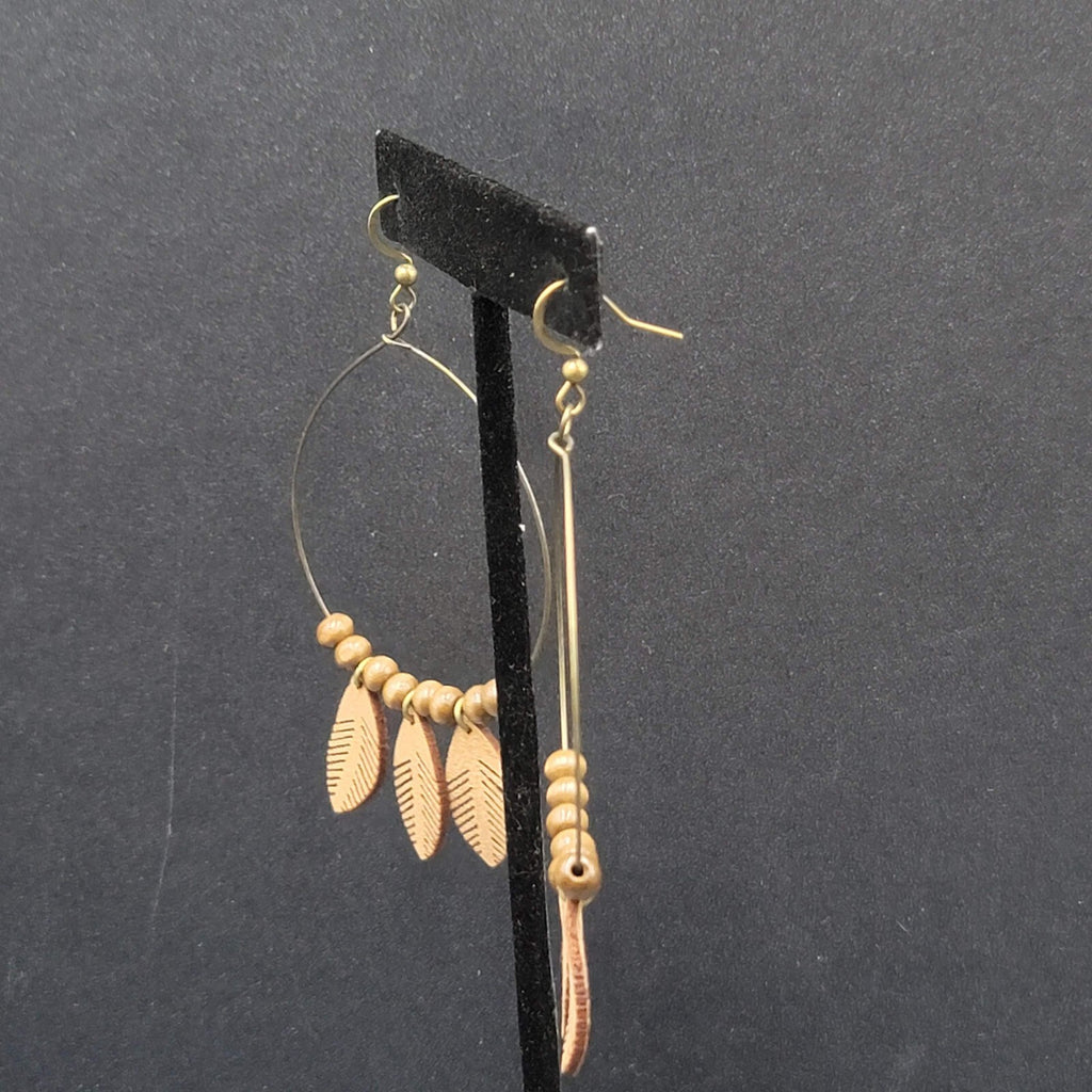 New Boho Pierced Earrings Bronze tone Faux Leather Leaves Wood Bead Hoops 3.25"