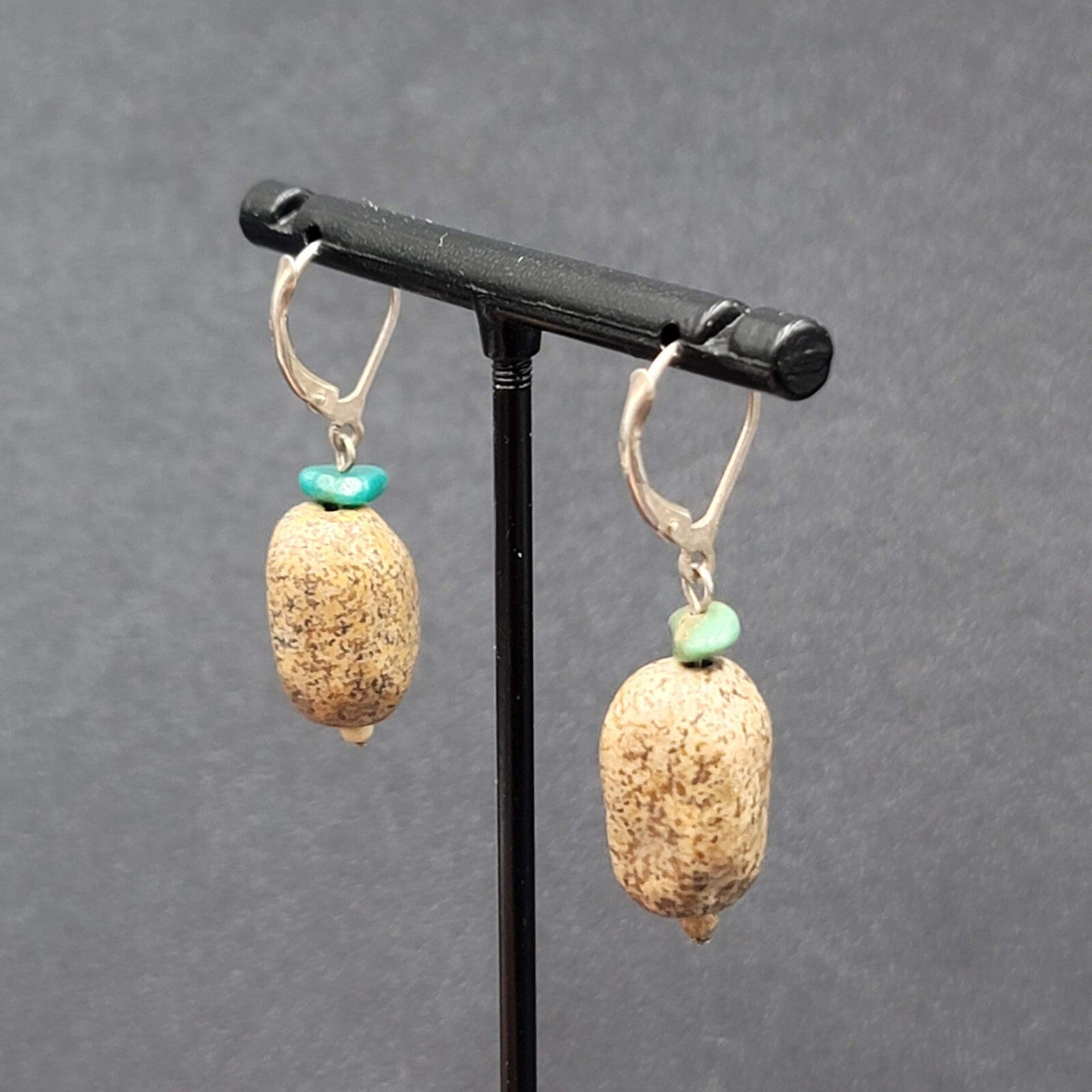 Pierced Earrings Turquoise Brown Speckled Stone Bead Dangle 1"
