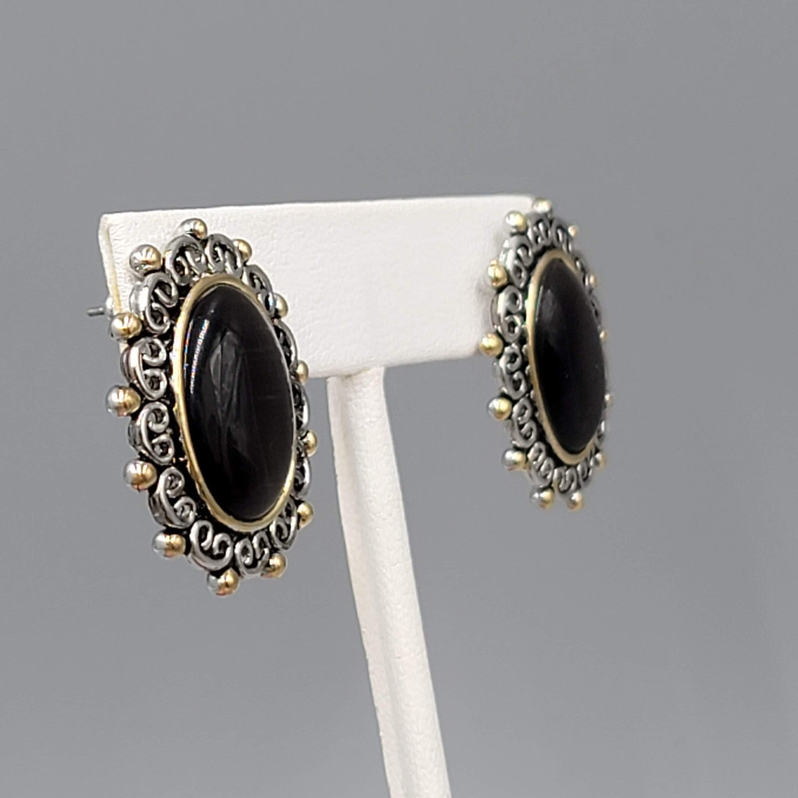 Dark Brown Cats Eye Cabochon Pierced Earrings Silver tone Oval Drop 1 1/8"