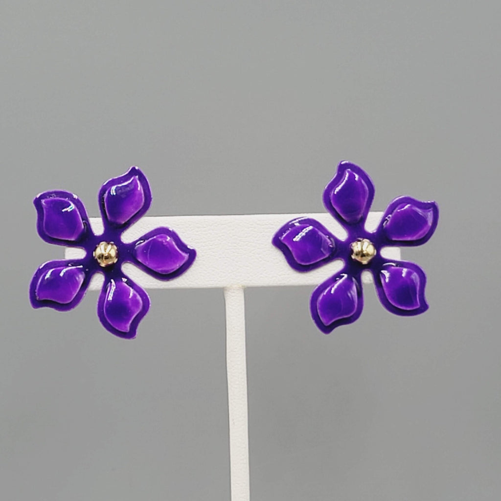 Purple Enamel Flower Jacket Pierced Earrings Gold tone Stud 1.25"