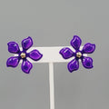 Purple Enamel Flower Jacket Pierced Earrings Gold tone Stud 1.25"