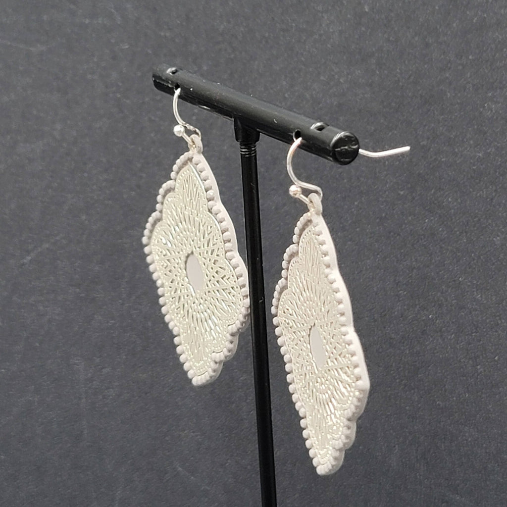 Pierced Earrings Silver tone Gray Enamel Filigree Enamel 1.75"