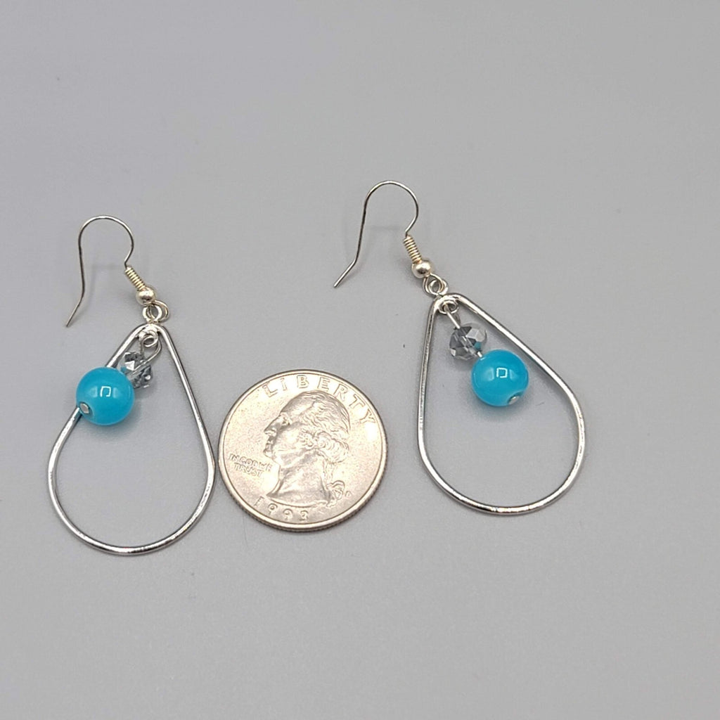 Pierced Earrings Silver tone Teardrop Hoops Blue Bead Dangle 1.5"