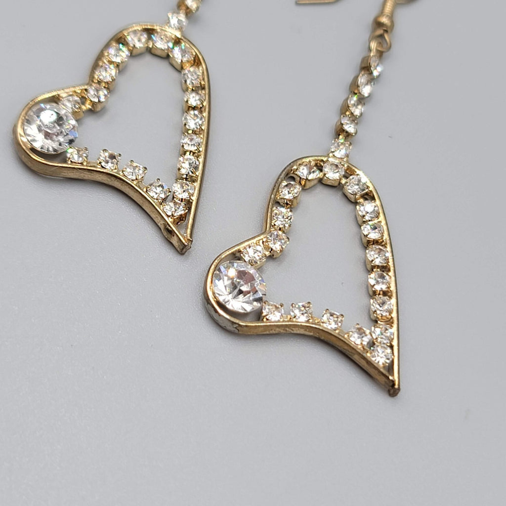 Dangle Heart Pierced Earrings Gold tone Rhinestone 2"