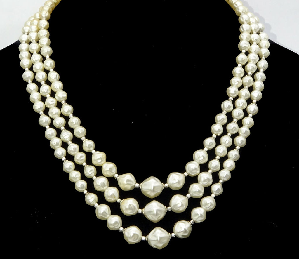 Vintage Necklace White Graduated Bead Triple Strand Estate Costume 22" - 24"