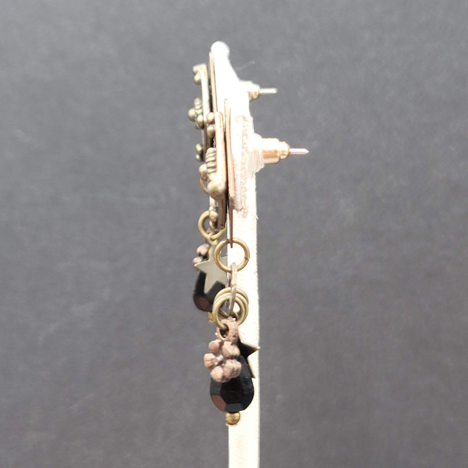 Pierced Earrings Copper and Silver tone Star Black Beads Layered Dangle 2"