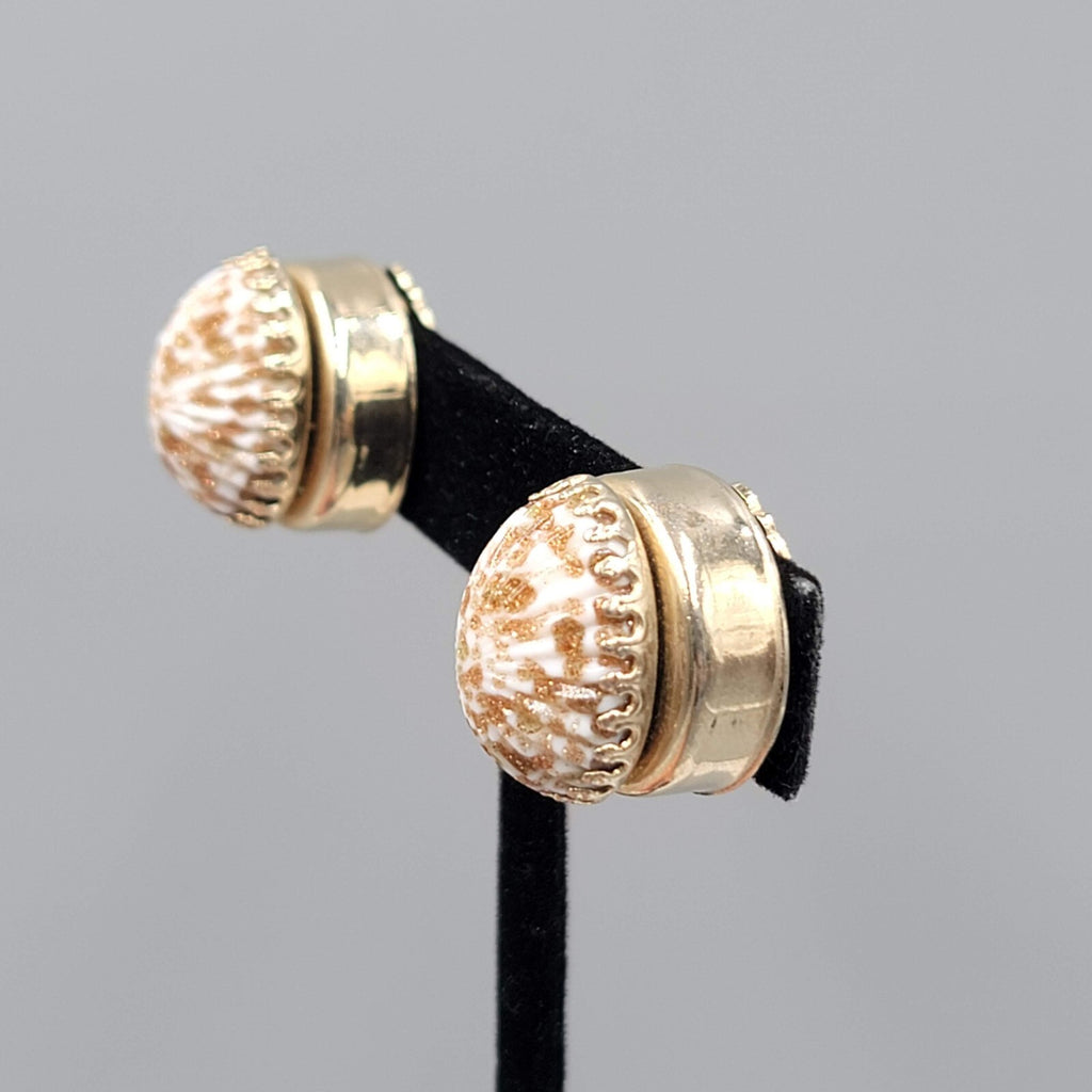 Vintage Clip on Earrings Copper Glitter Glass Cabochon Gold tone 3/4"