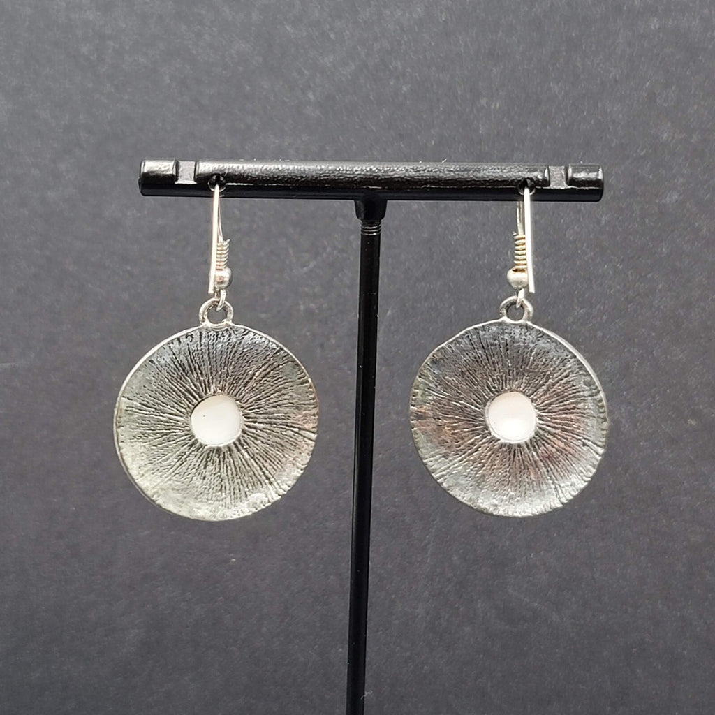Pierced Earrings Silver tone Medallion Dangle White Center Accent  1"