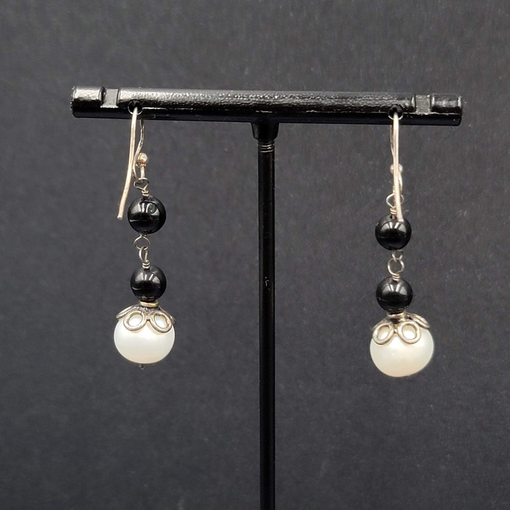 Sterling Silver Pierced Earrings Capped Pearl Bead Dangle 1.25"