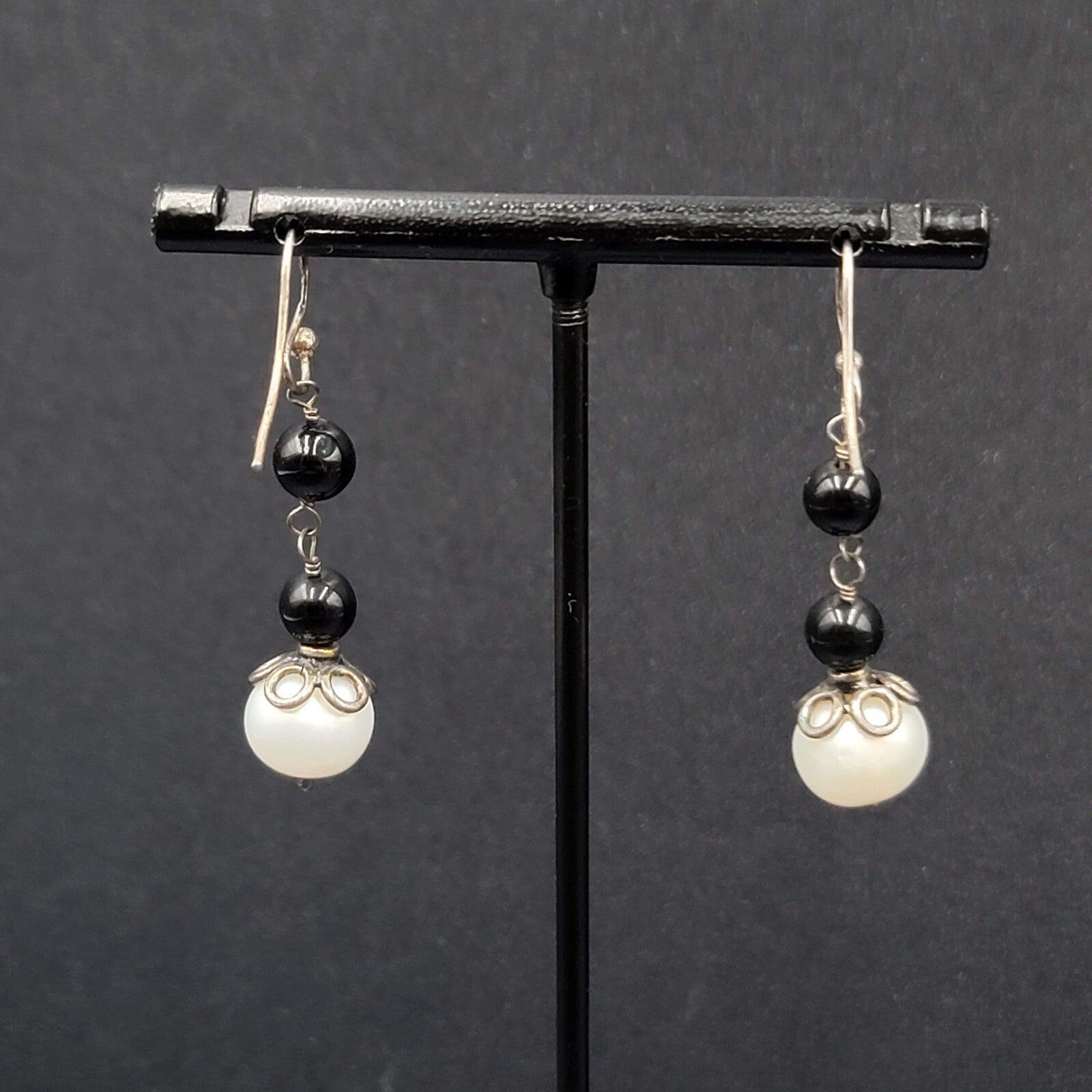 Sterling Silver Pierced Earrings Capped Pearl Bead Dangle 1.25"