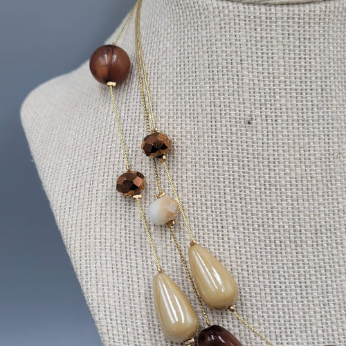 Brown Bead Station Necklace Gold tone Triple Layer 16"-18"