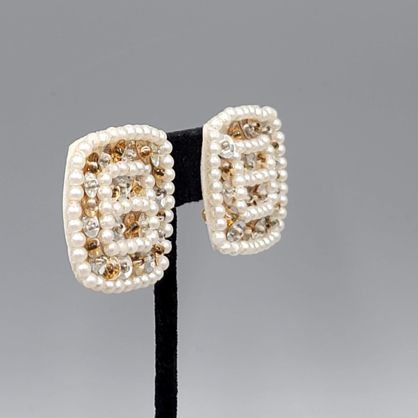 Vintage White Bead Sequin Leather Clip on Earrings Square Gold tone 1.25"