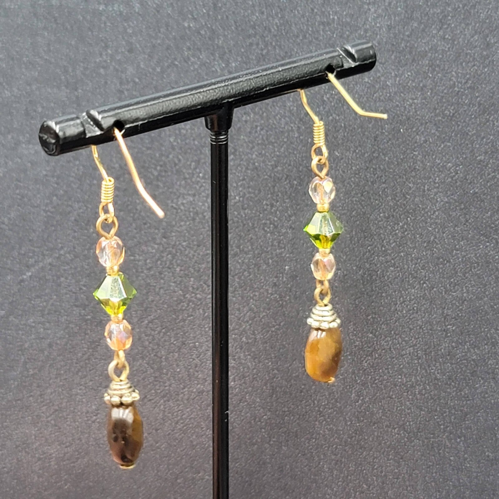Pierced Earrings Tigers Eye Pink Green Crystal Bead 1.5"