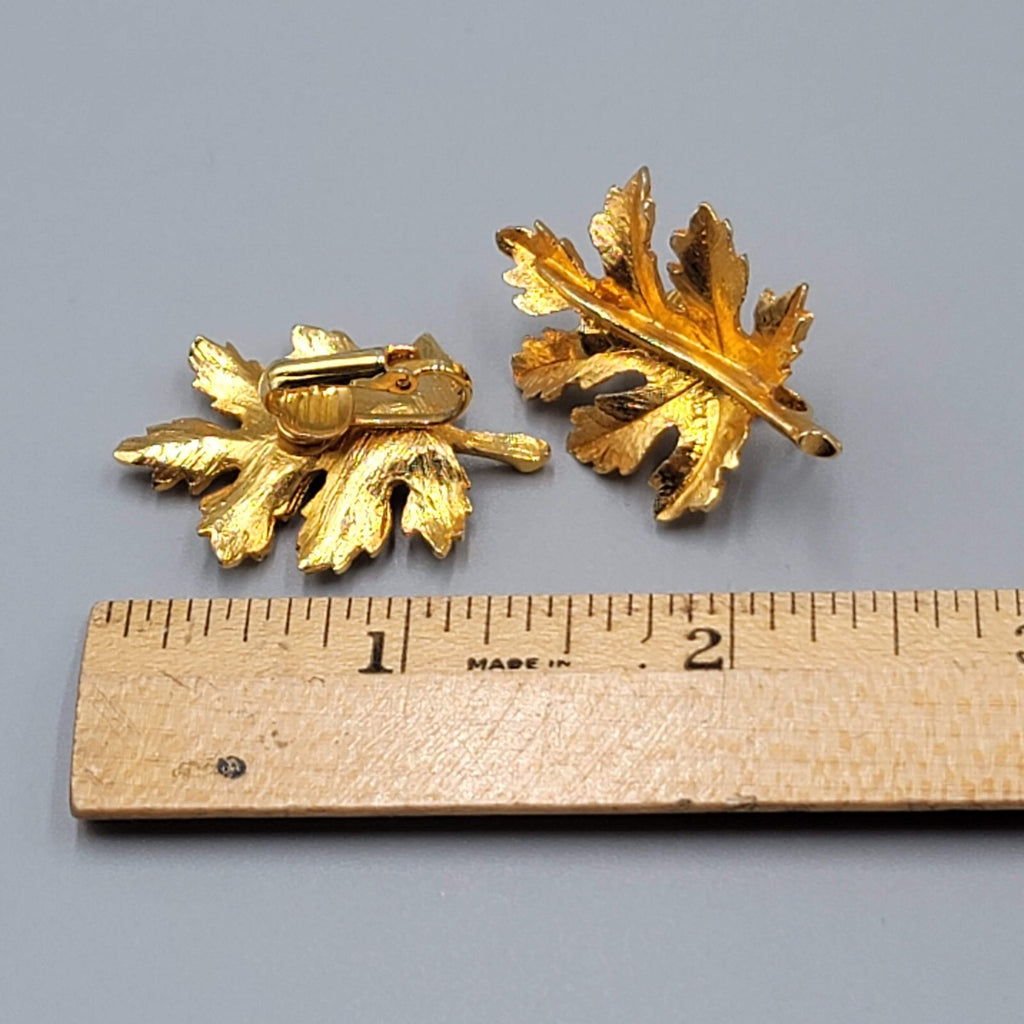 Vintage Gold Plated Leaf Clip on Earrings Leaves Drop 1 3/8"