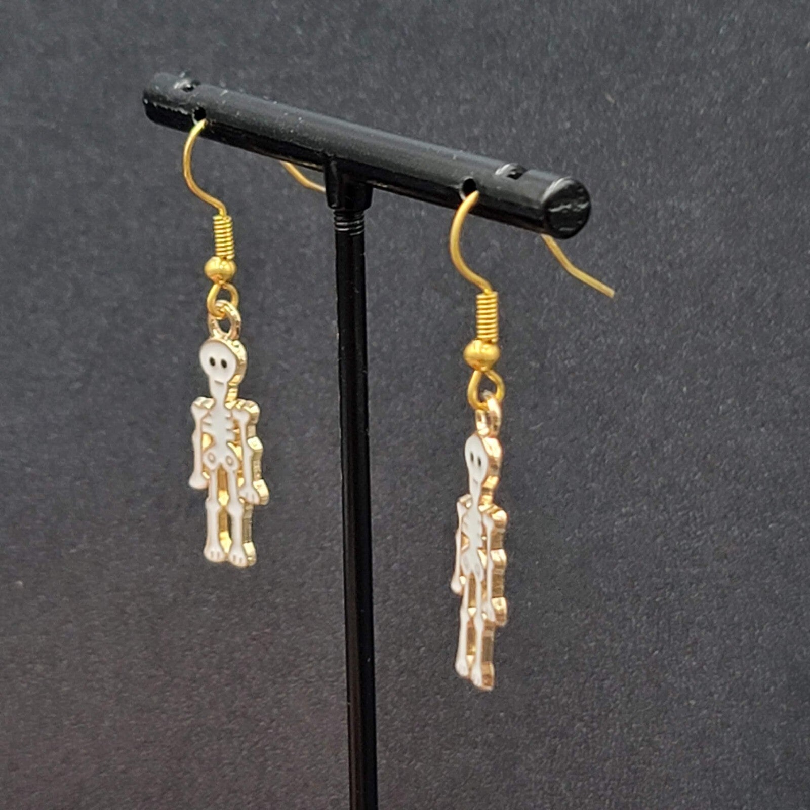 Halloween Skeleton Pierced Earrings Gold tone White Enamel Dangle 1"