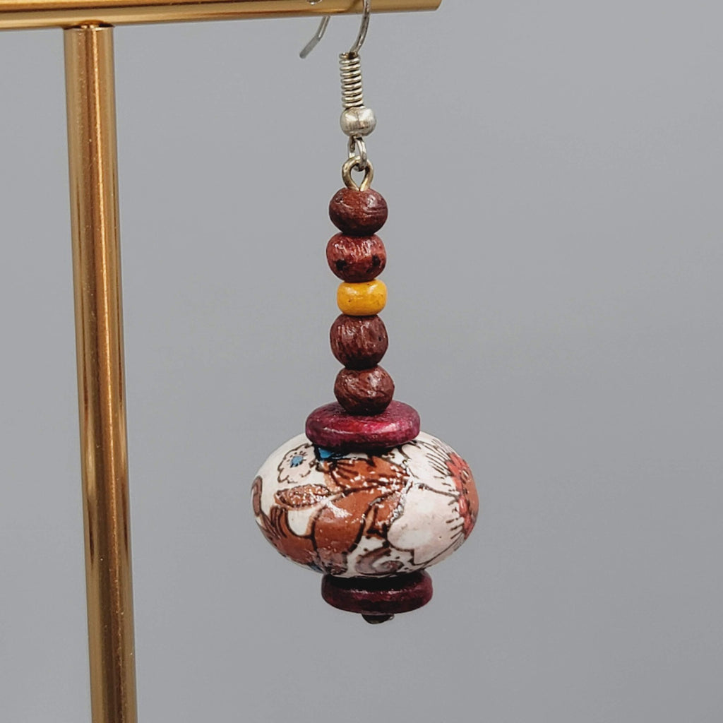 Beaded Pierced Earrings Wood Flower Bead Dangle 1 5/8"